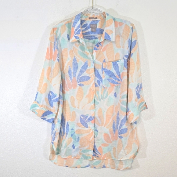 Chico's 100% Linen Leaf Print No Iron Button Up Long Tunic Top, 3 (16/18) - Picture 1 of 5